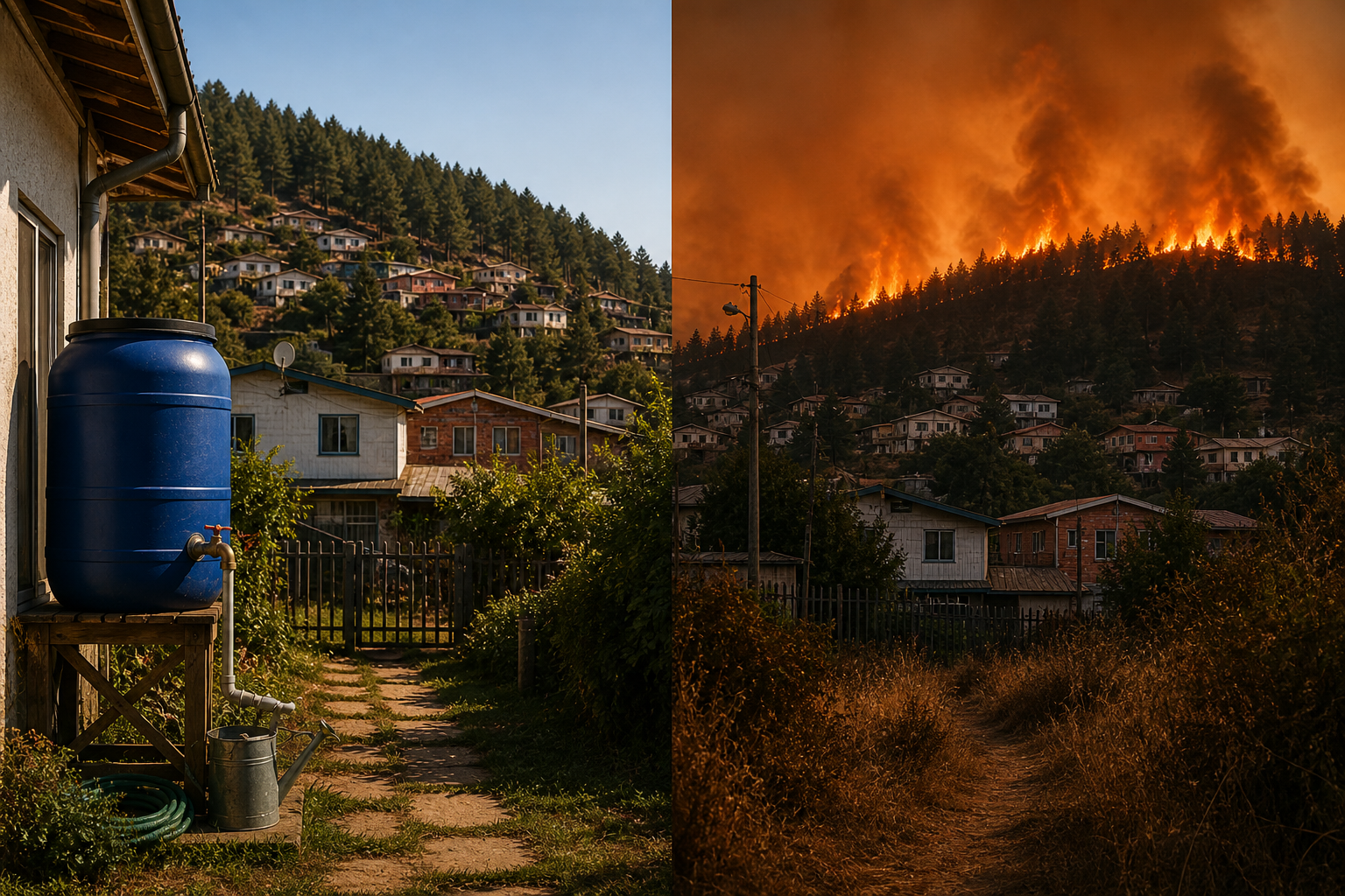 Escena dividida que muestra agua disponible en una vivienda de interfaz urbano-forestal y un incendio avanzando sobre el entorno