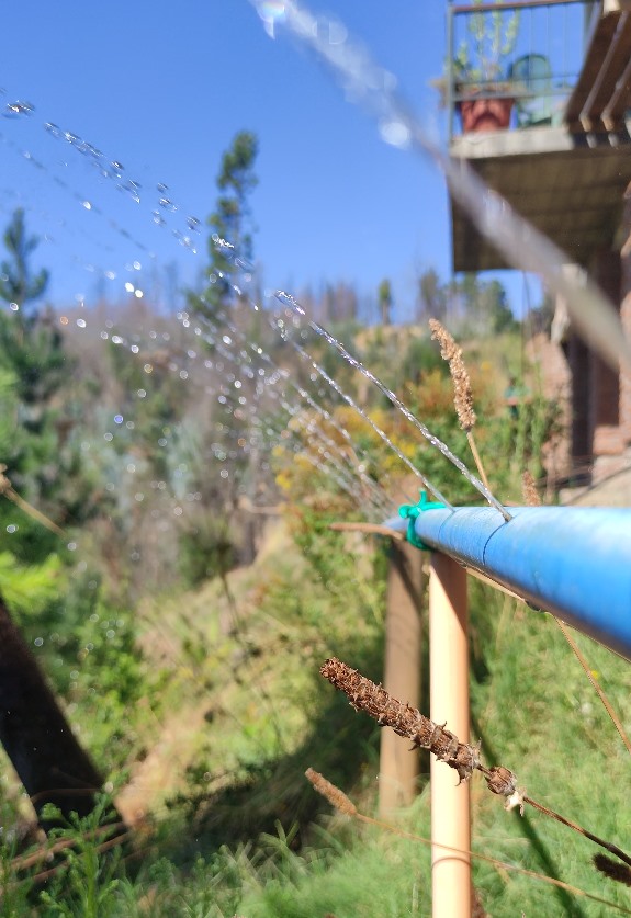 Cortina de agua funcionando en el frente de la casa de Daniel Poblete, creada por la línea de tubos PVC con orificios alimentada por gravedad desde la piscina de acumulación