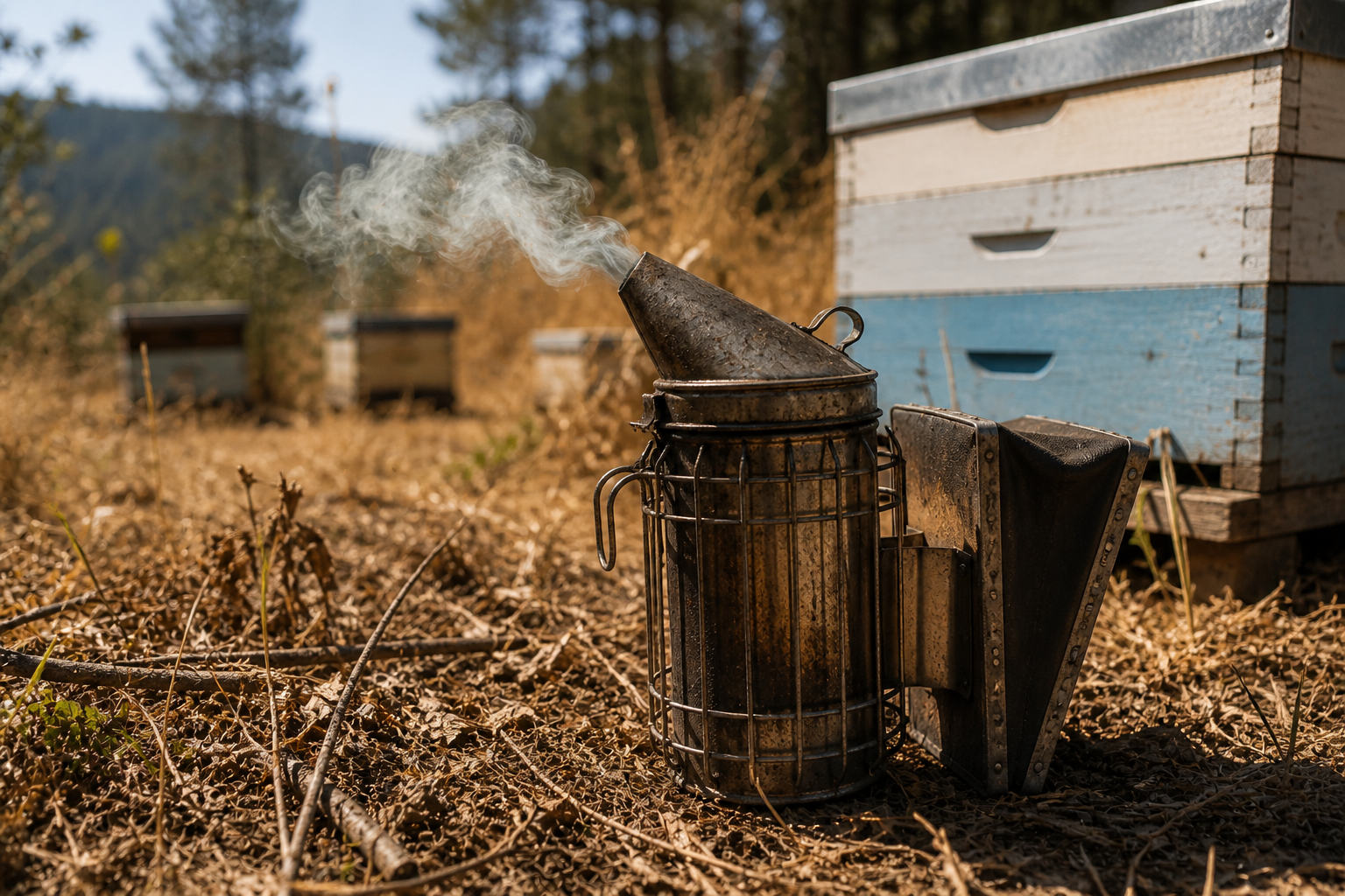Ahumador apícola sobre vegetación seca en un entorno rural expuesto al riesgo de incendio