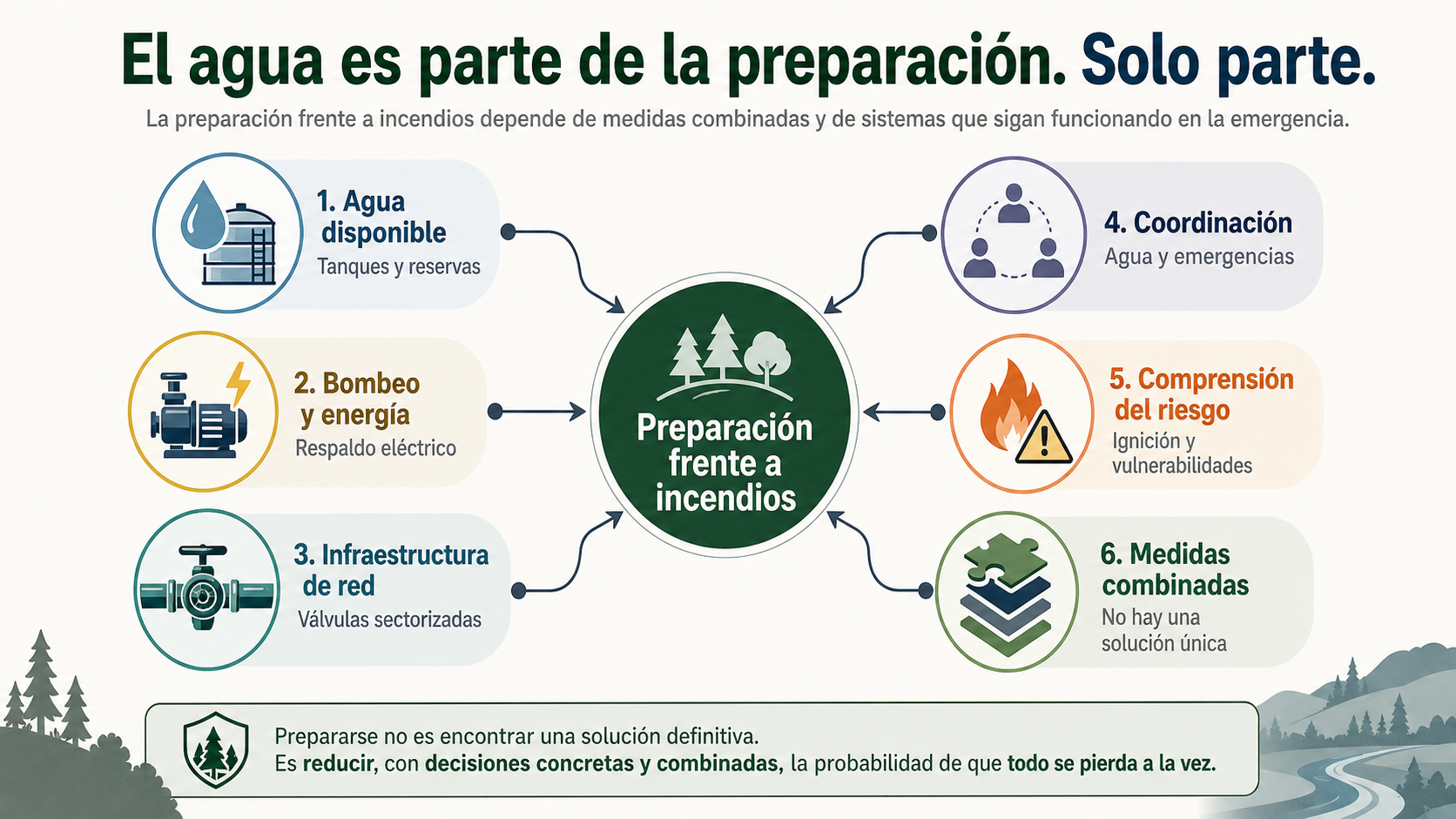 Esquema que muestra que la preparación frente a incendios depende de agua disponible, bombeo y energía, infraestructura de red, coordinación, comprensión del riesgo y medidas combinadas