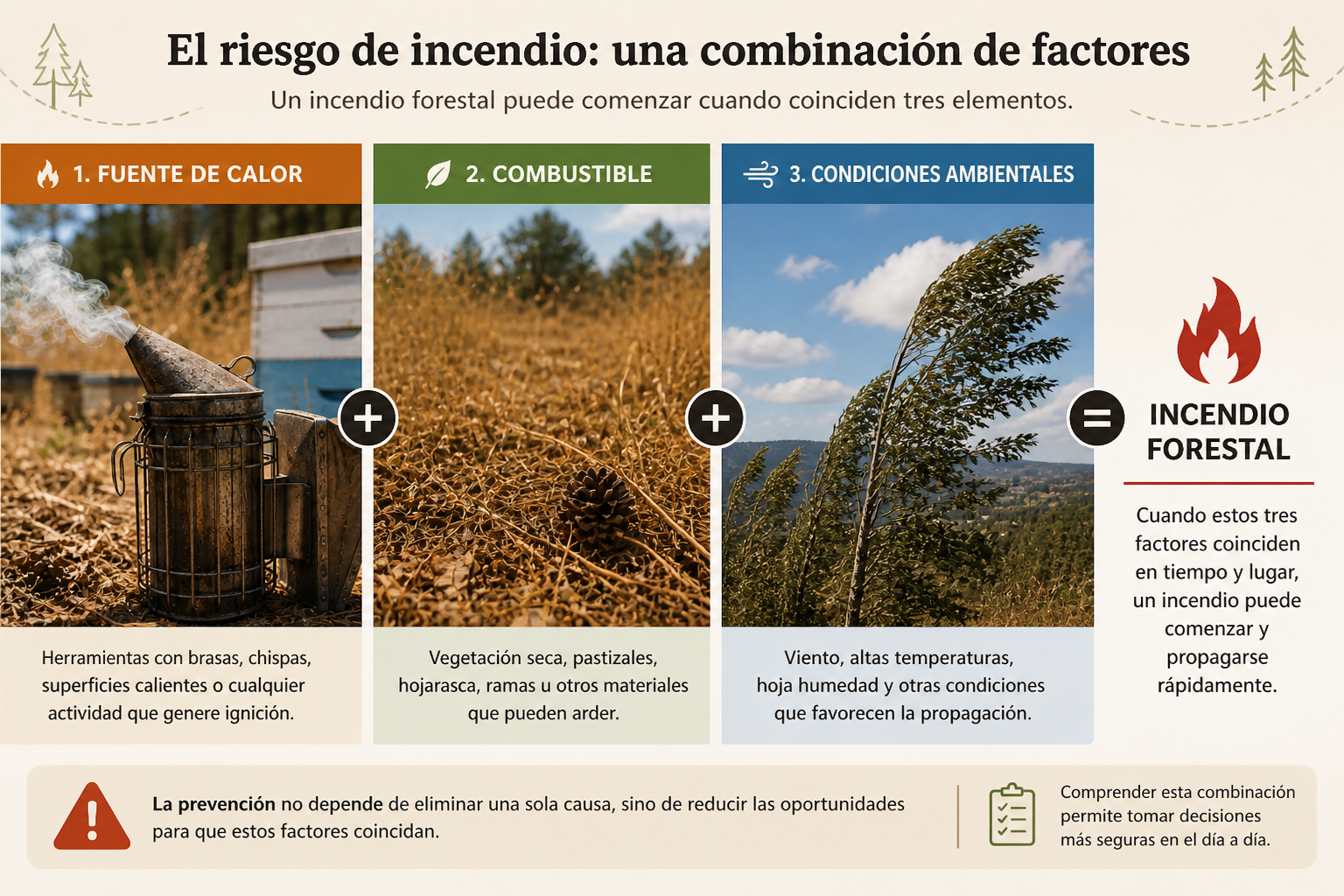 Esquema del riesgo de incendio como combinación entre fuente de calor, combustible seco y condiciones ambientales