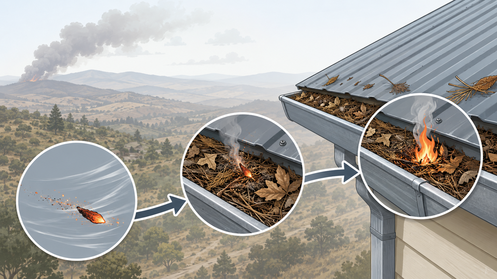 Esquema que muestra el recorrido de una pavesa desde el incendio forestal hasta el techo con material acumulado donde inicia la ignición estructural